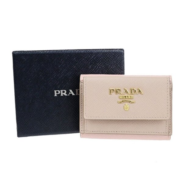 PRADA Logo Trifold Compact Wallet Saffiano Metal Leather Pink Beige 88FB246 - Picture 1 of 13